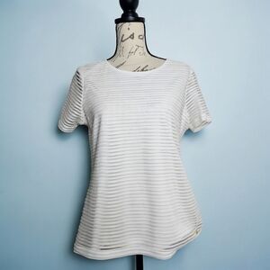 Calvin Klein White Short Sleeved Striped Sheer Top | Women's Size Large